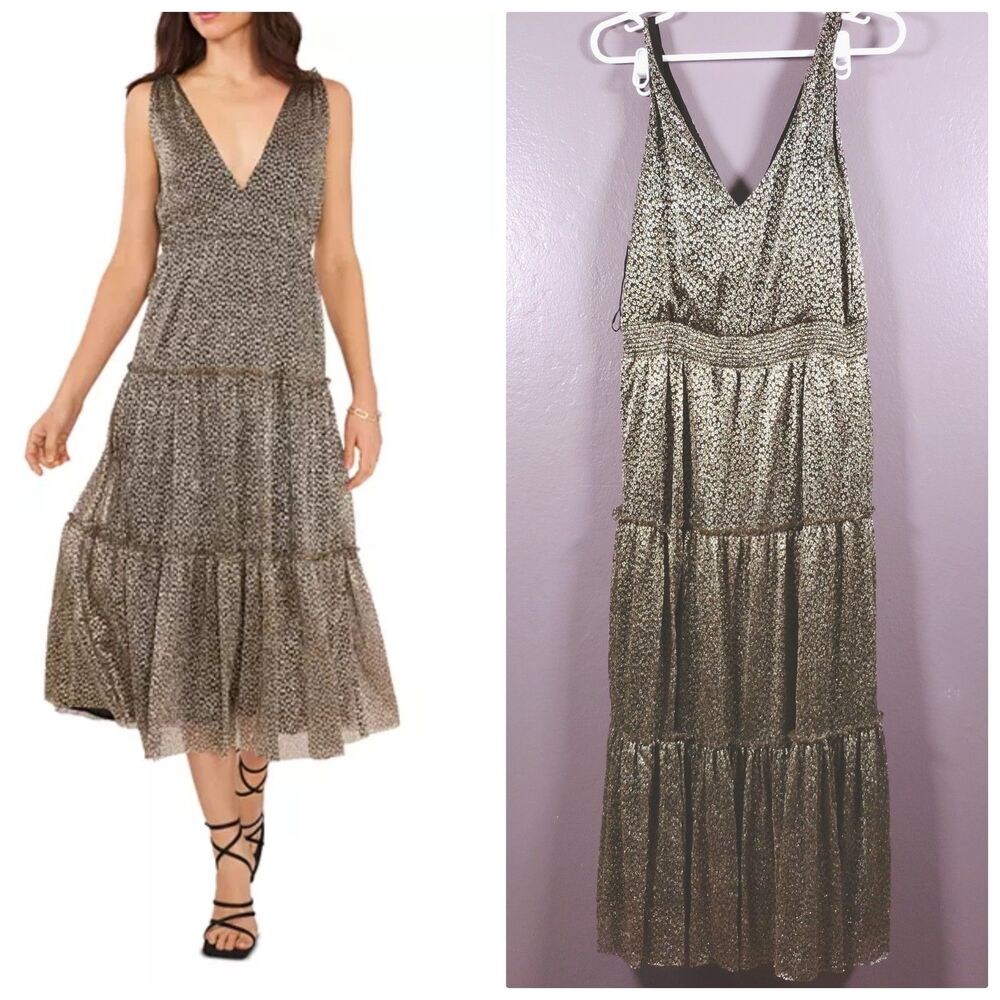 1. State Tiered Metallic Floral V Neck Midi dress Size Large Cocktail